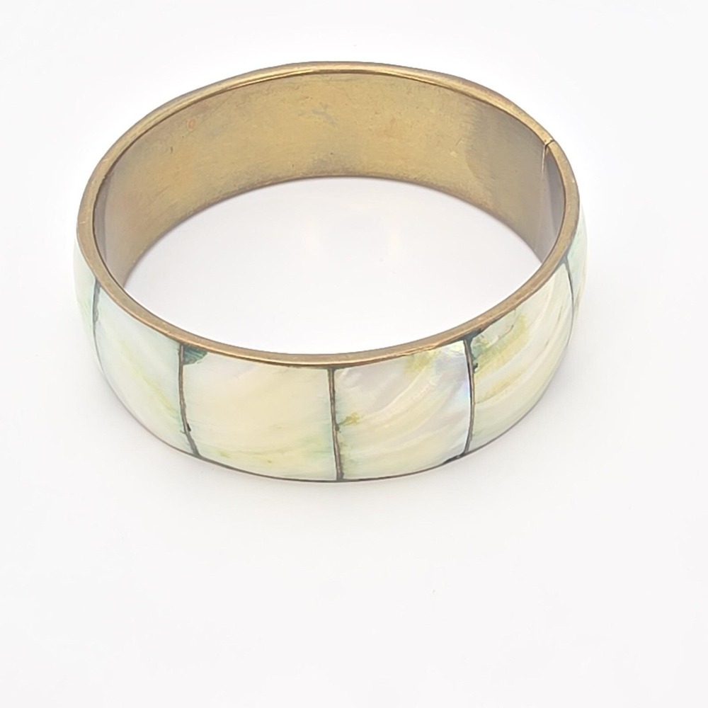 Vintage Mother Of Pearl Inlay Bracelet Wide Brass Bangle 8.5" FREE‎ $HIPPING!! - Picture 10 of 16